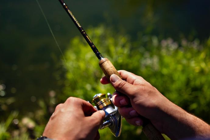 person holding black and gold fishing rod with reel